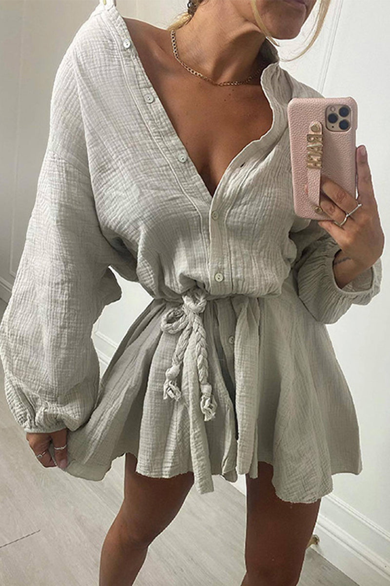 Kaynafashions - Solid Lace Up Button Ruffle Dresses(5 Colors)