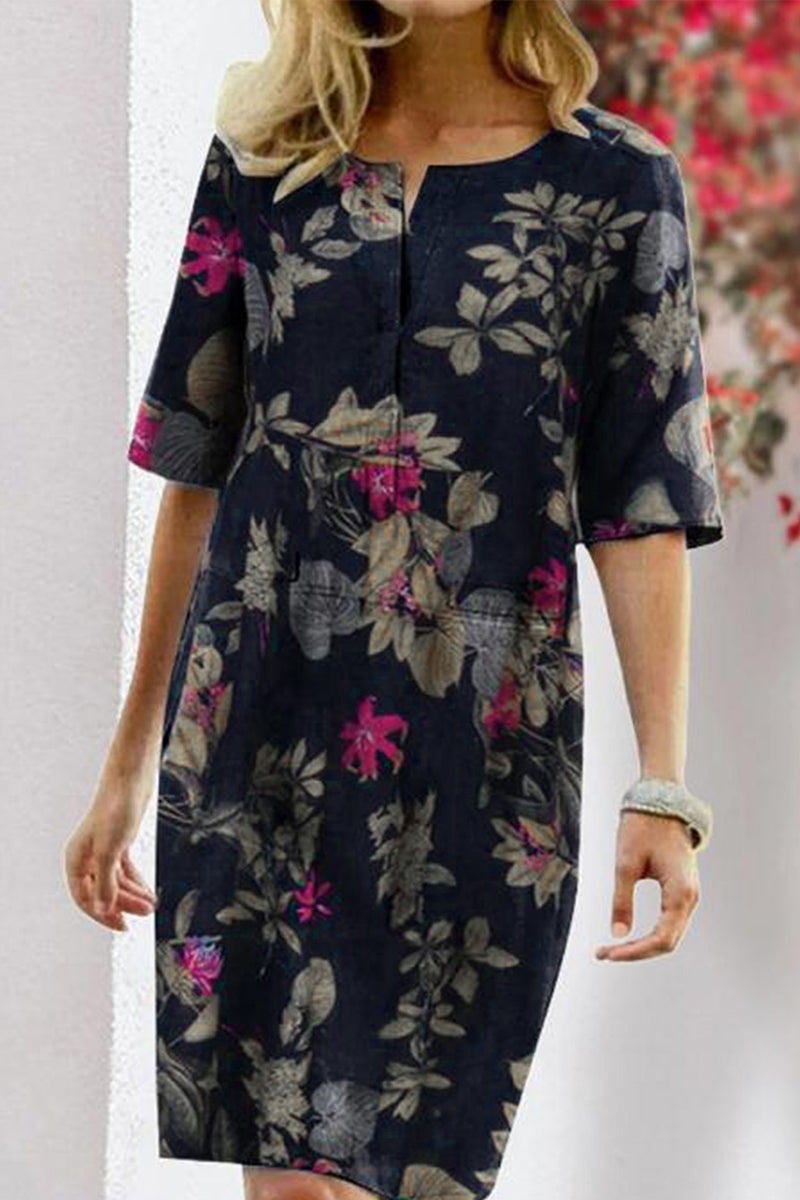 Kaynafashions - Elegant College Floral Patchwork O Neck Printed Dress Dresses