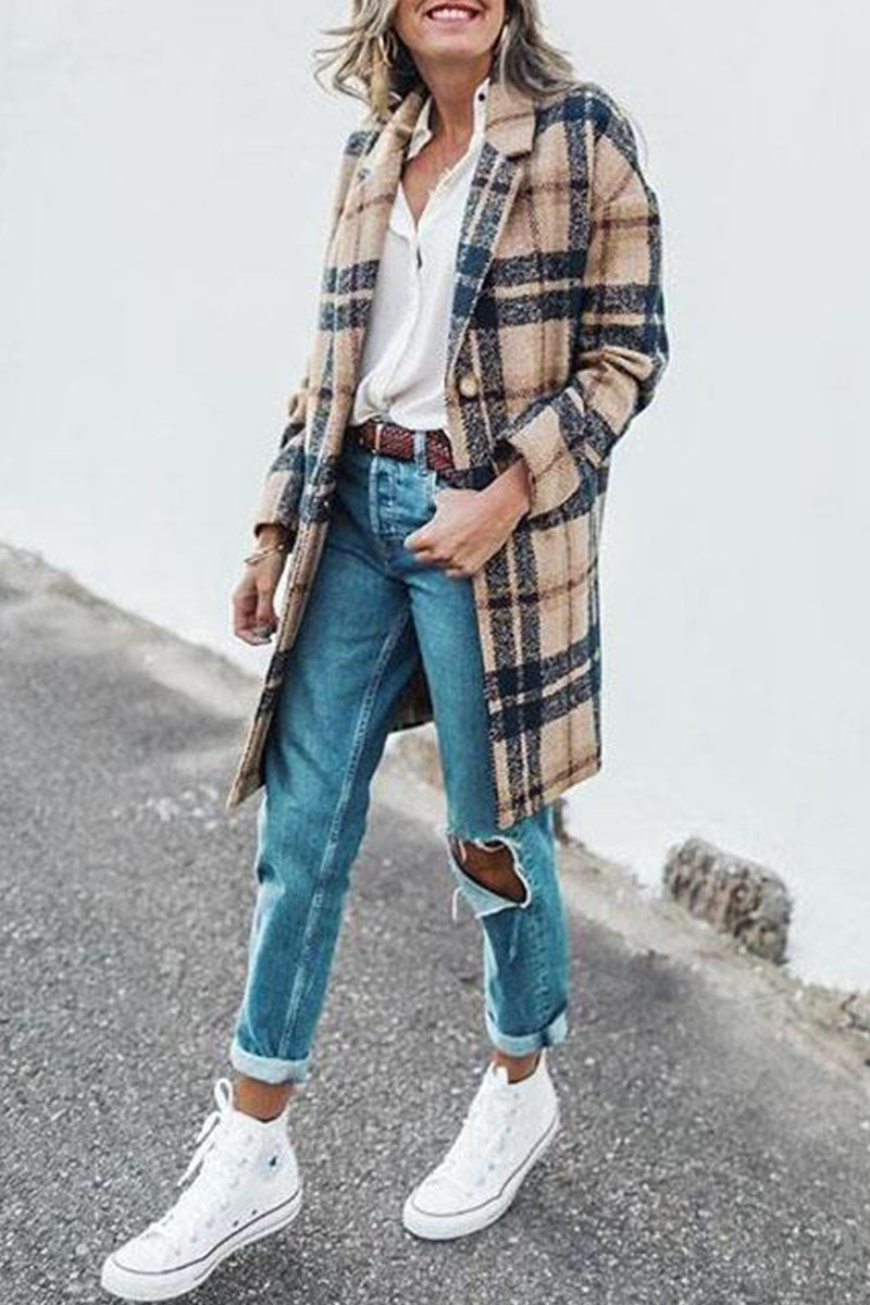 Kaynafashions - Casual Plaid Print Without Belt Turn-back Collar Outerwear