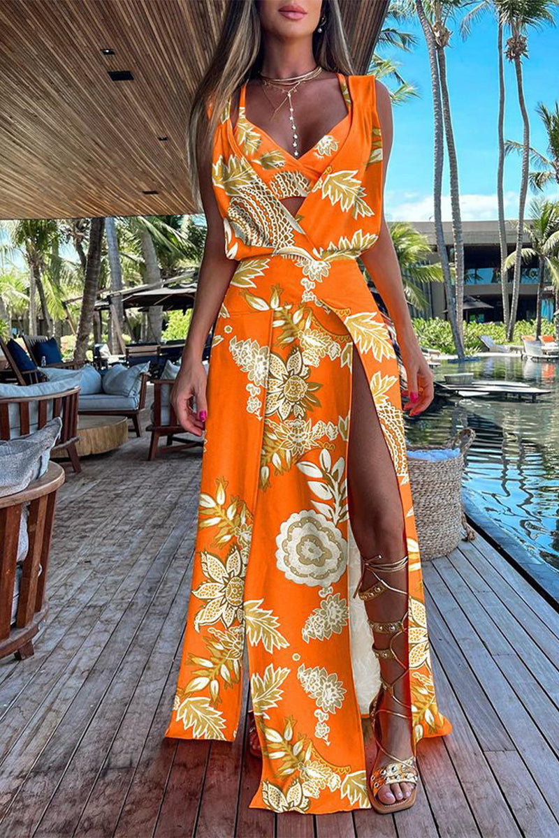 Kaynafashions - Casual Vacation Print Patchwork Frenulum V Neck Sleeveless Two Pieces(6 Colors)