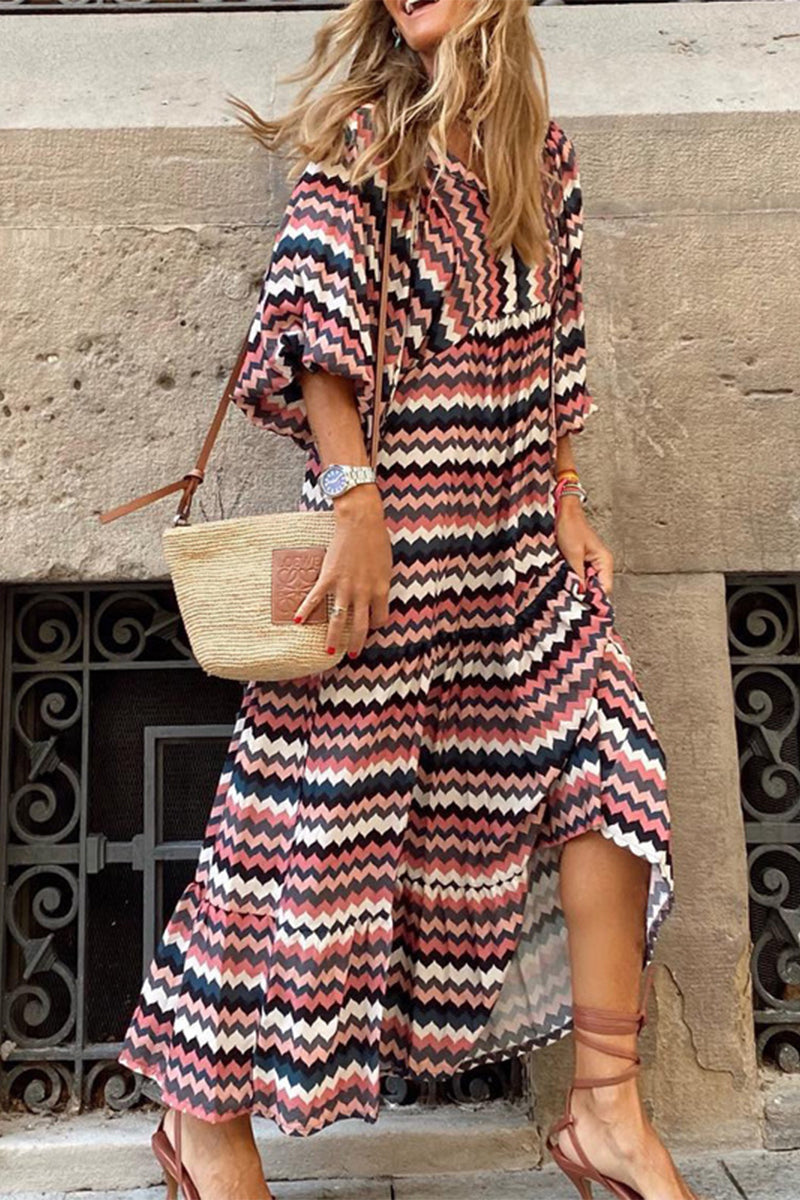 Kaynafashions - Sweet Elegant Print Floun)ce Printing O Neck Printed Dress Dresses(9 Colors)