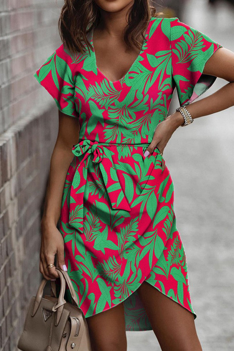 Kaynafashions - Casual Sweet Print Patchwork Frenulum V Neck Irregular Dress Dresses(5 Colors)