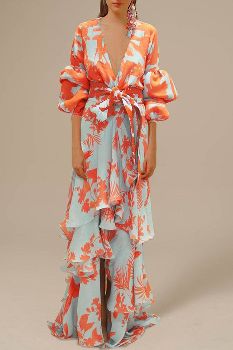 Kaynafashions - Elegant Floral Patchwork V Neck Irregular Dress Dresses