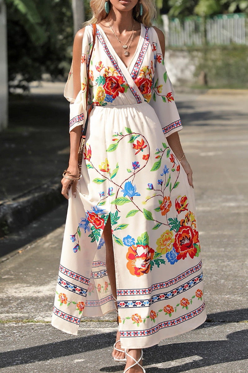Kaynafashions - Bohemian College Floral Slit V Neck A Line Dresses