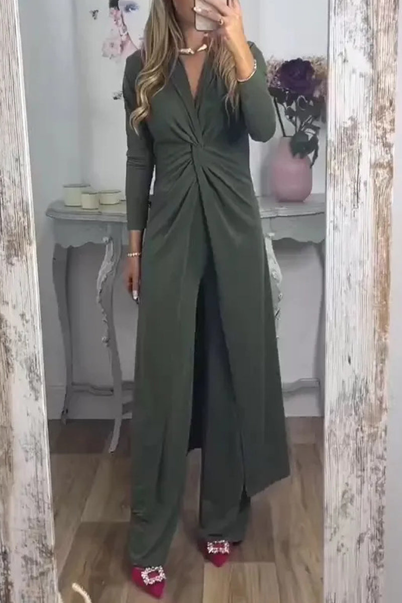 Kaynafashions - Casual Solid Fold V Neck Long Sleeve Two Pieces