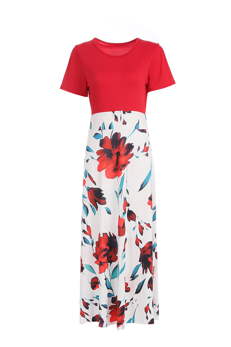 Kaynafashions - Casual Bohemian Print Solid Patchwork O Neck Short Sleeve Dress Dresses(12 Colors)