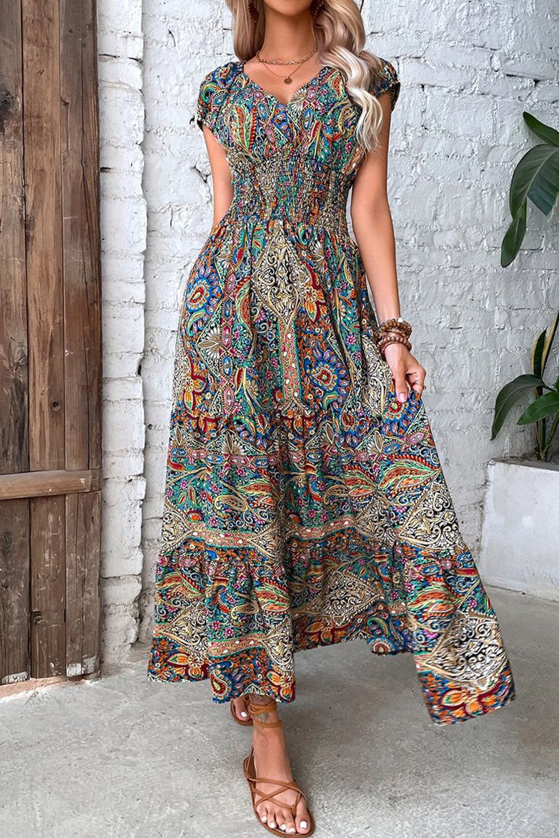 Kaynafashions - Bohemian College Print Fold V Neck A Line Dresses(4 Colors)