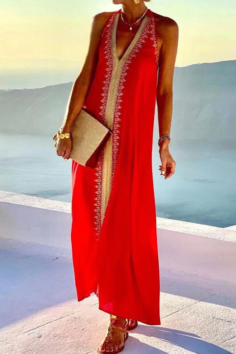 Kaynafashions - Sexy Vacation Print Patchwork V Neck Sleeveless Dress Dresses