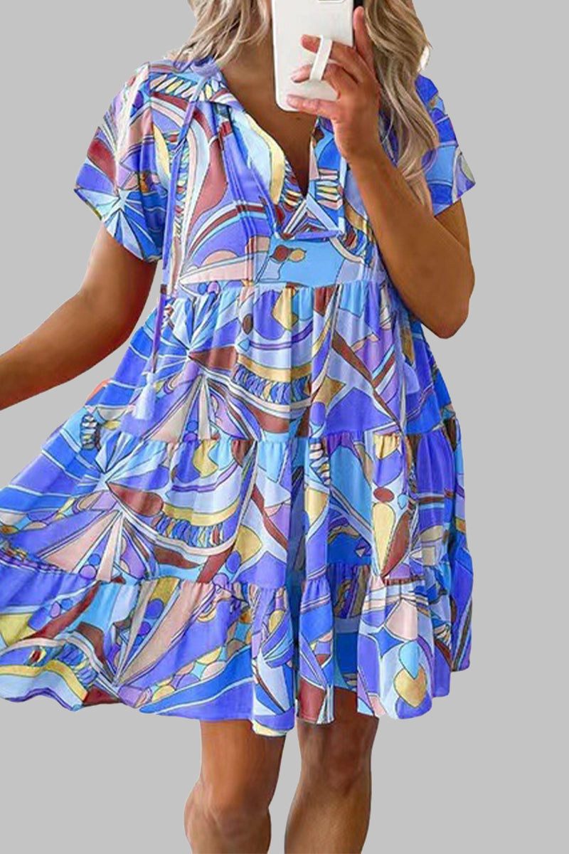 Kaynafashions - Bohemian Geometric Print V Neck A Line Dresses