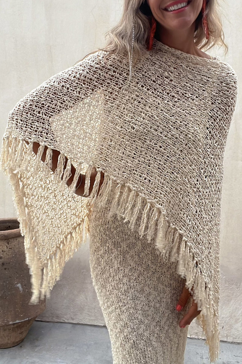 Kaynafashions - Vacation Solid Tassel Hollowed Out O Neck Outerwear