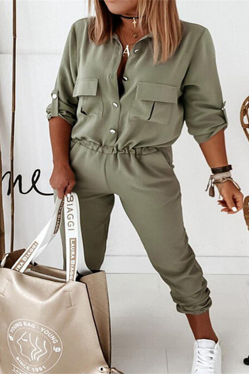 Kaynafashions - Casual Solid Frenulum Turndown Collar Regular Jumpsuits