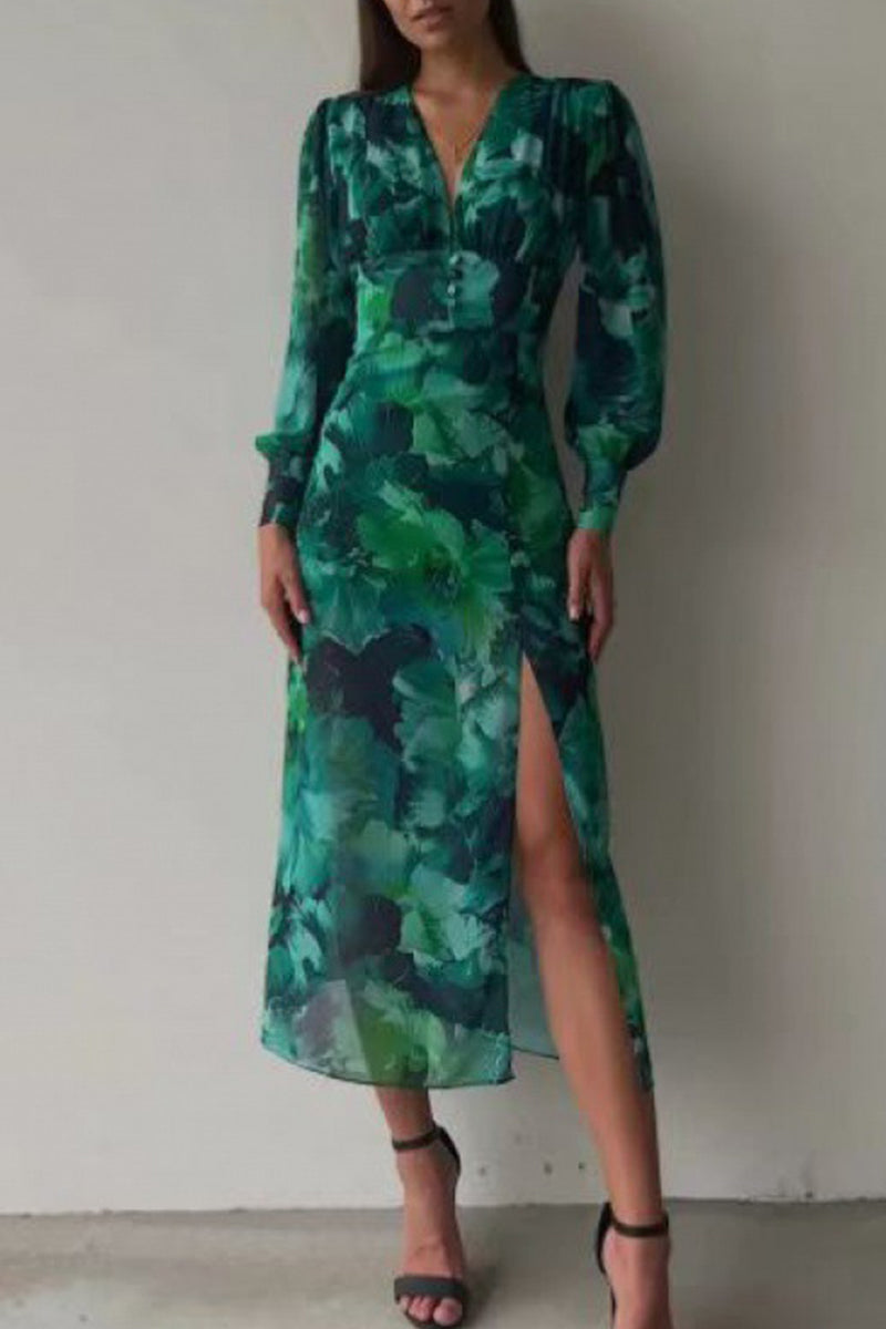 Kaynafashions - Elegant Floral Slit V Neck A Line Dresses