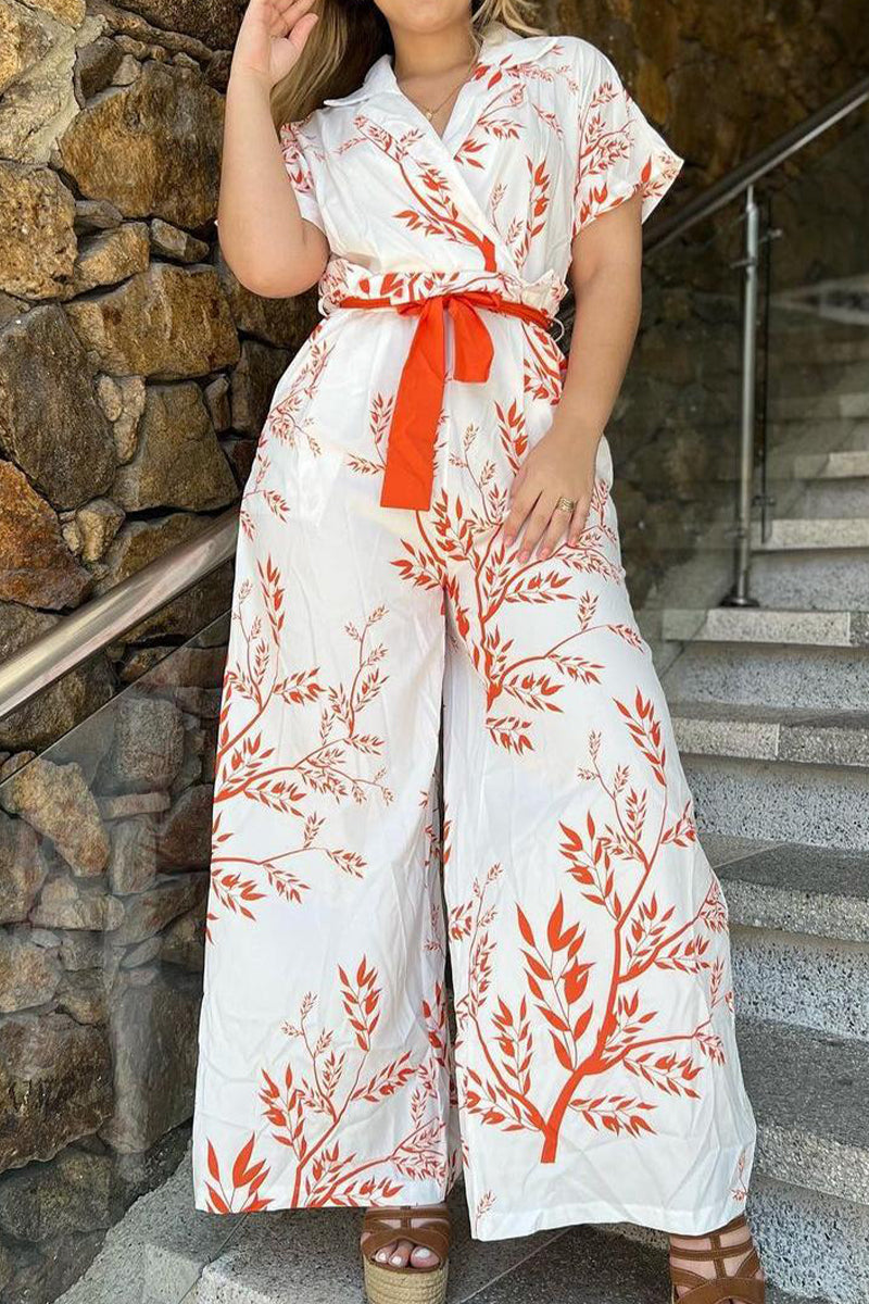 Kaynafashions - Casual Floral Frenulum Turndown Collar Short Sleeve Two Pieces