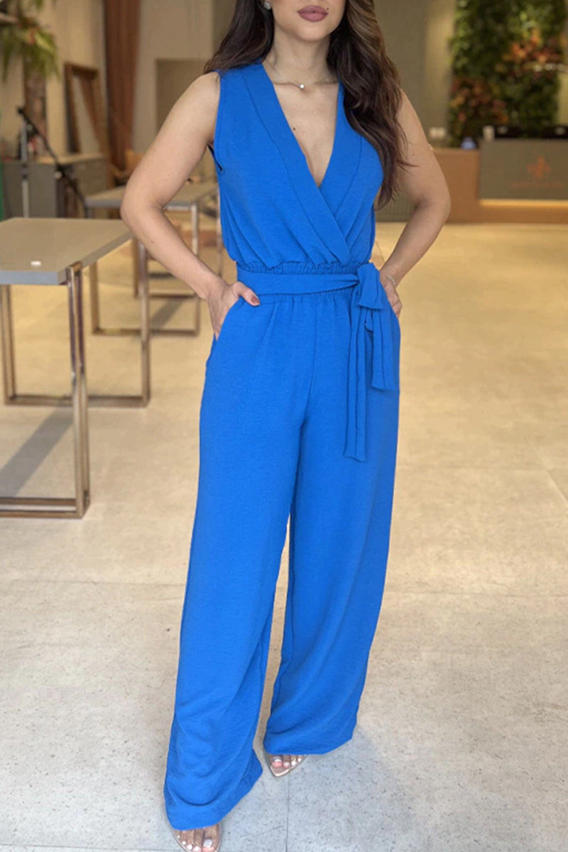 Kaynafashions - Sexy Elegant Solid With Belt V Neck Regular Jumpsuits(5 Colors)