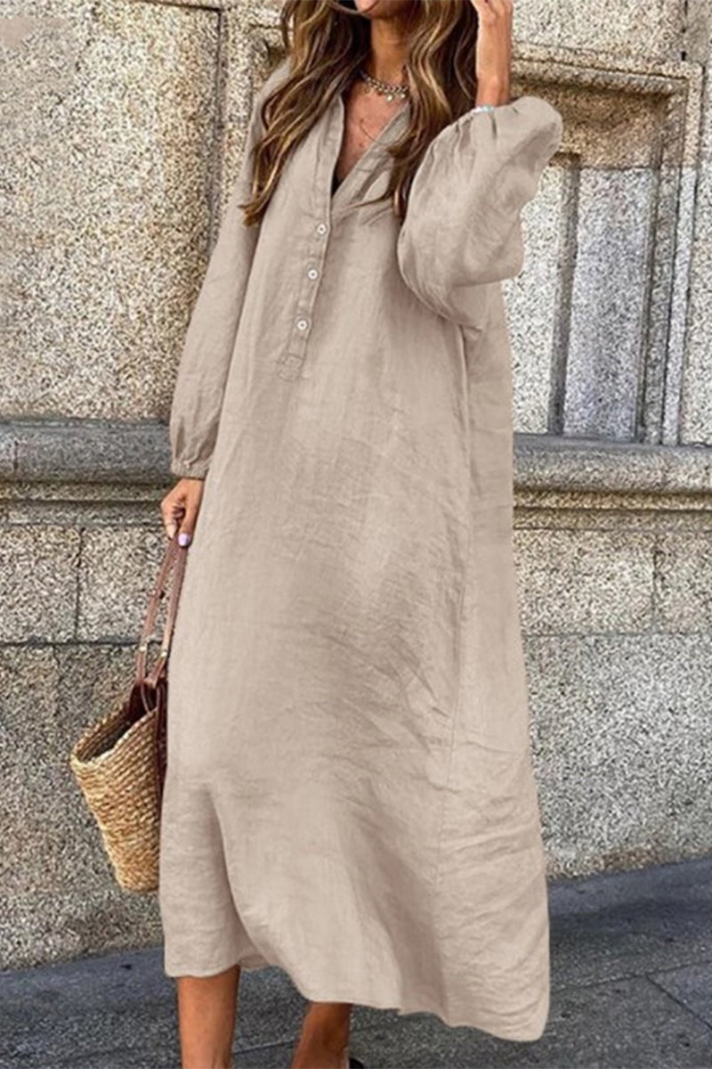 Kaynafashions - Casual Solid Buttons V Neck Long Sleeve Dresses(4 Colors)