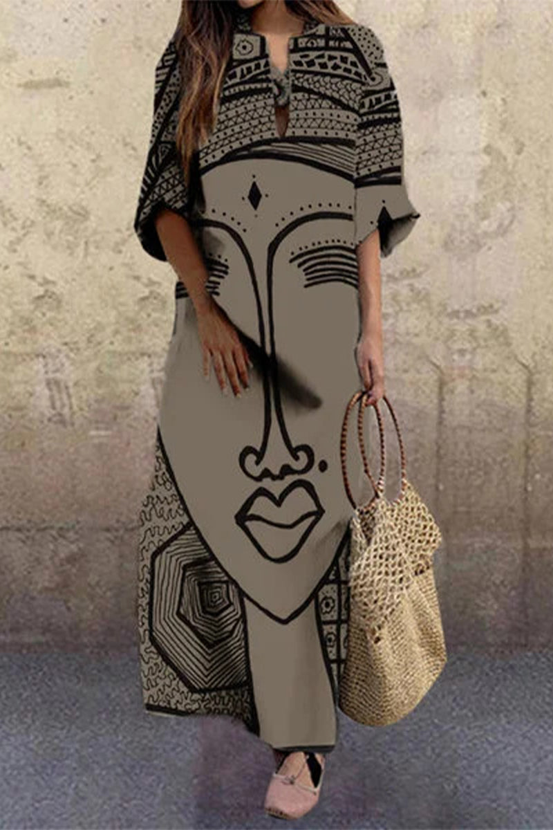 Kaynafashions - Plus Size Print Printing V Neck Printed Dress Dresses