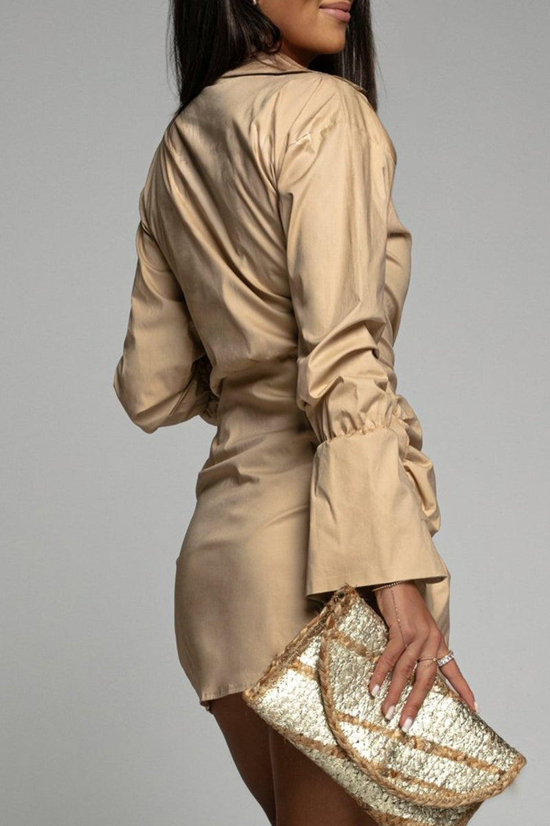 Kaynafashions - Elegant Solid Fold Shirt Collar Irregular Dress Dresses(6 Colors)