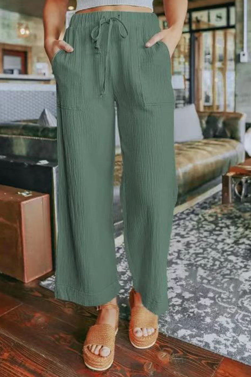 Kaynafashions - Casual Frenulum Straight Mid Waist Wide Leg Bottoms(3 Colors)