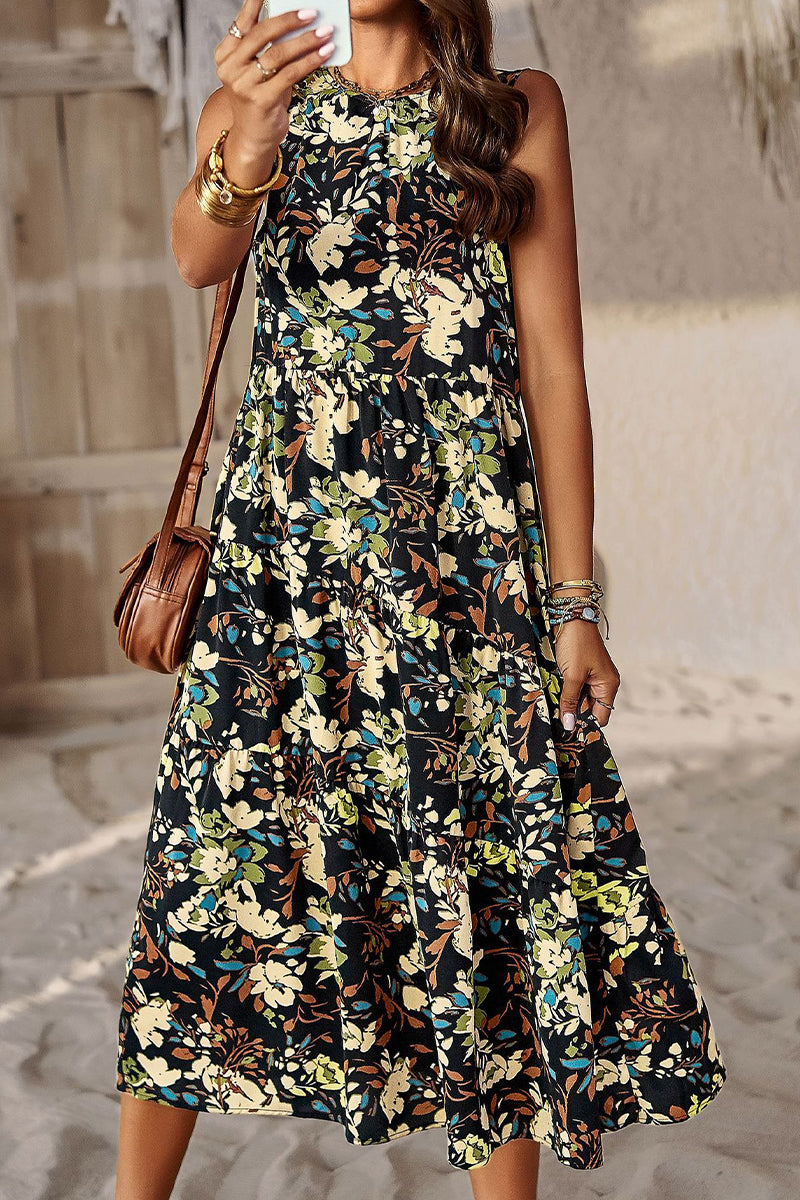Kaynafashions - Elegant Floral Pocket Contrast O Neck A Line Dresses