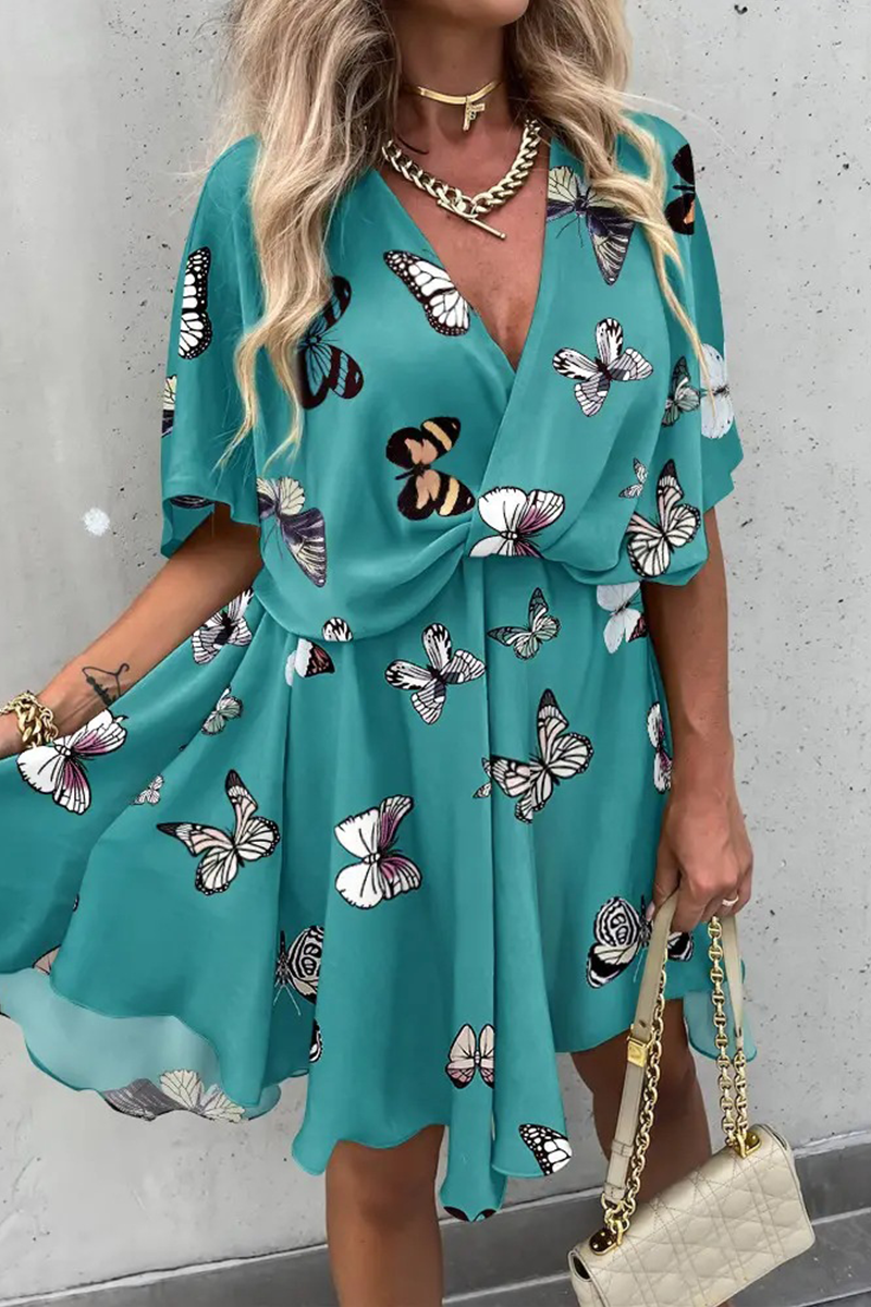 Kaynafashions - Casual Print Patchwork V Neck Waist Skirt Dresses(4 colors)