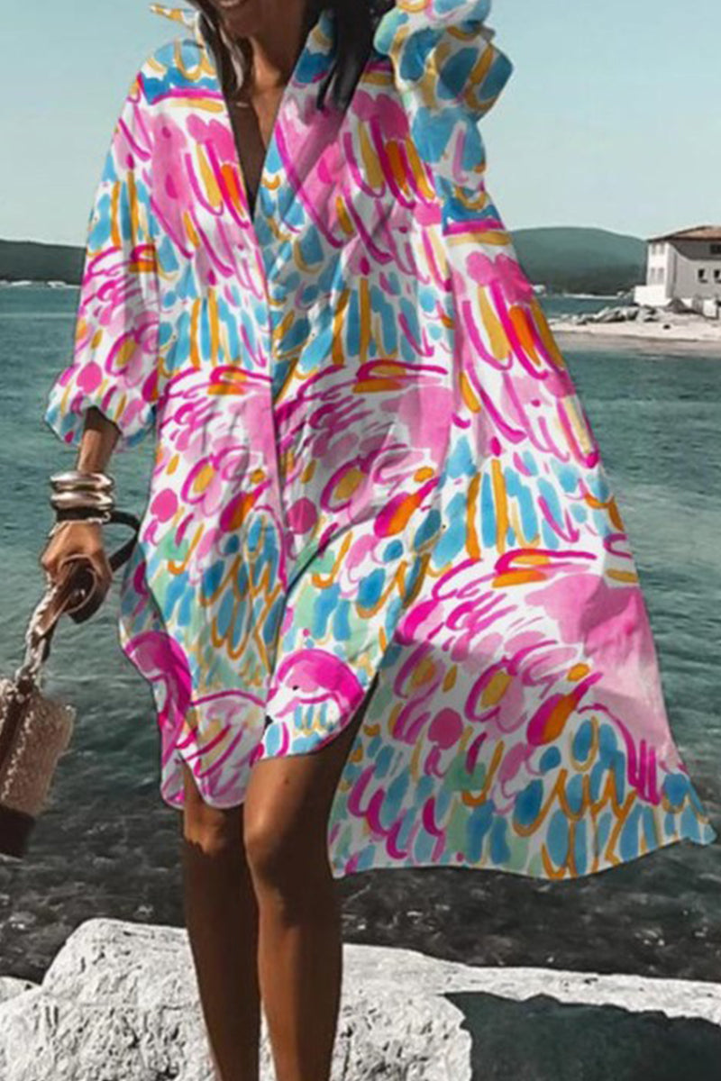 Kaynafashions - Casual Print Contrast Turndown Collar Shirt Dress Dresses(9 Colors)