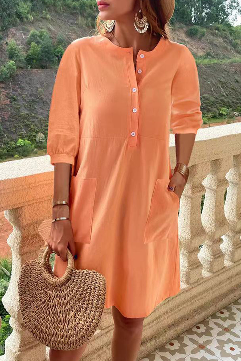 Kaynafashions - Casual Simplicity Solid Pocket Buckle O Neck A Line Dresses(4 Colors)