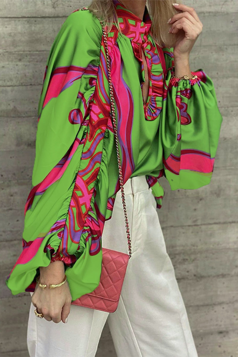 Kaynafashions - Bohemian Elegant Geometric Print Buttons O Neck Blouses