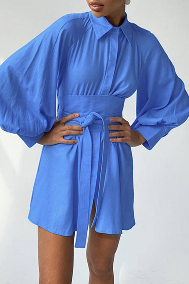 Kaynafashions - Work Elegant Solid Bandage Turndown Collar Waist Skirt Dresses