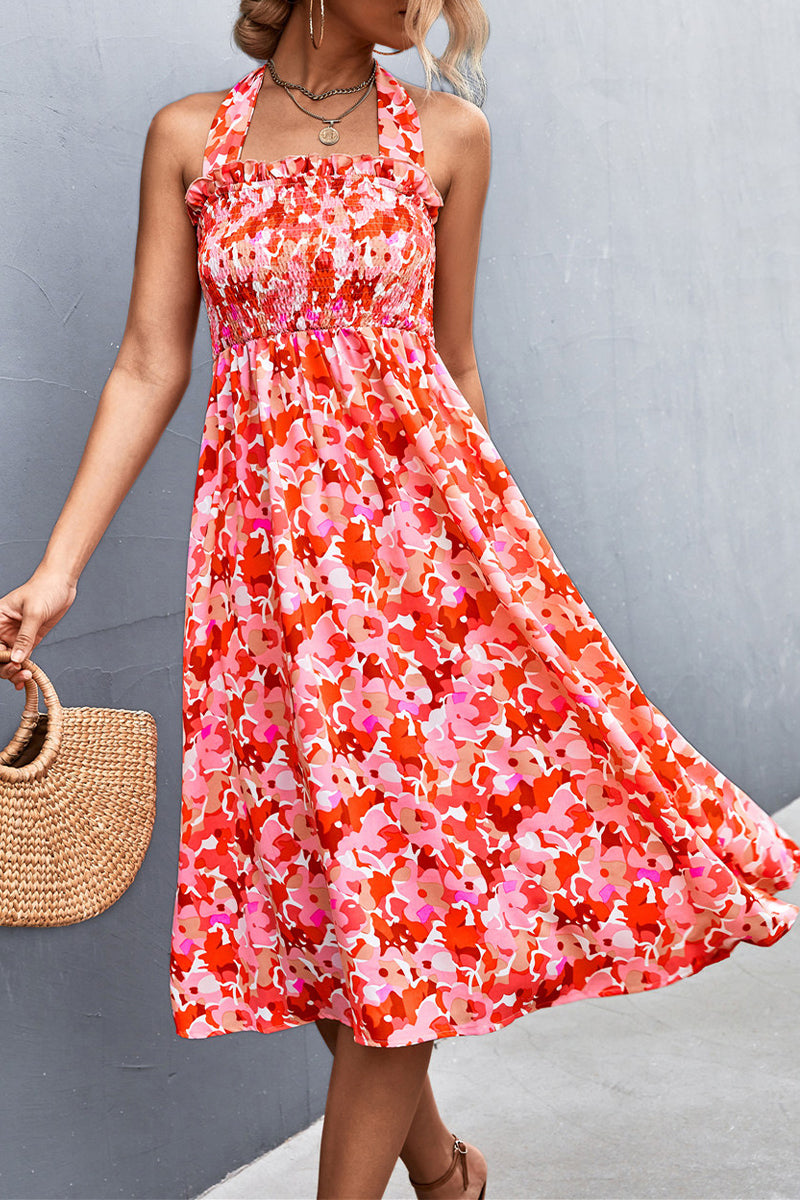 Kaynafashions - Sweet Print Frenulum Printing Halter A Line Dresses