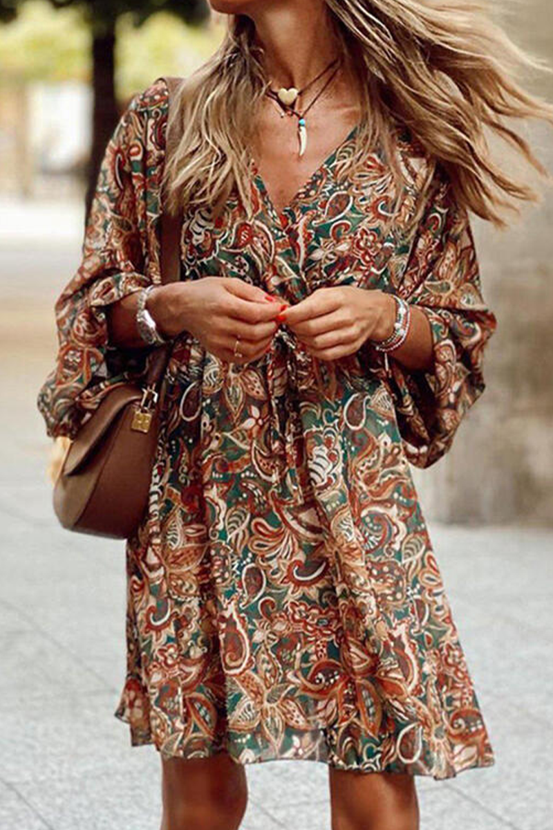 Kaynafashions - Casual Print Patchwork V Neck Cake Skirt Dresses