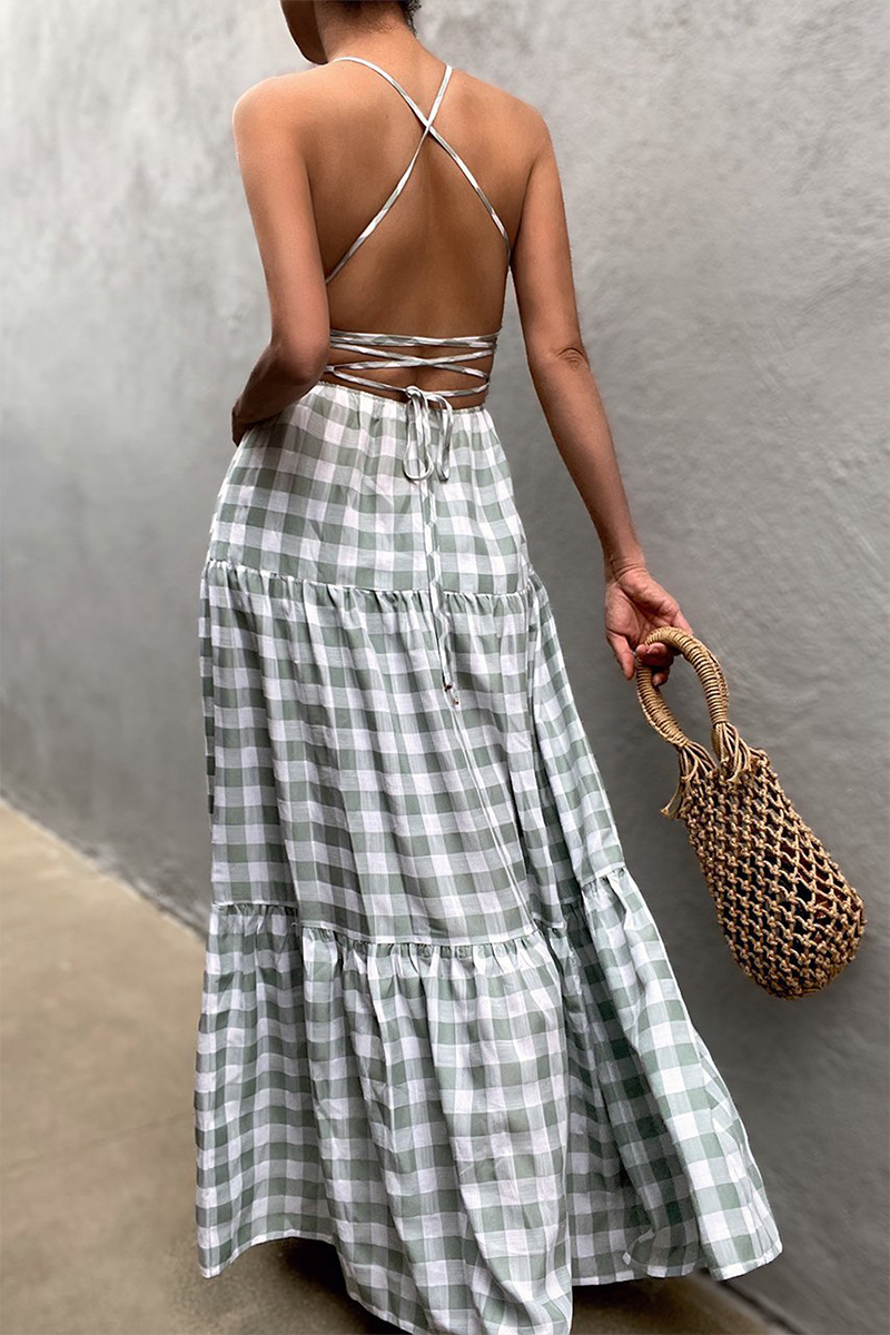 Kaynafashions - Casual Vacation Plaid Frenulum Backless Halter Dresses