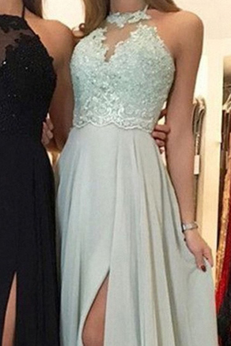 Kaynafashions - Elegant Solid Patchwork Slit Halter A Line Dresses