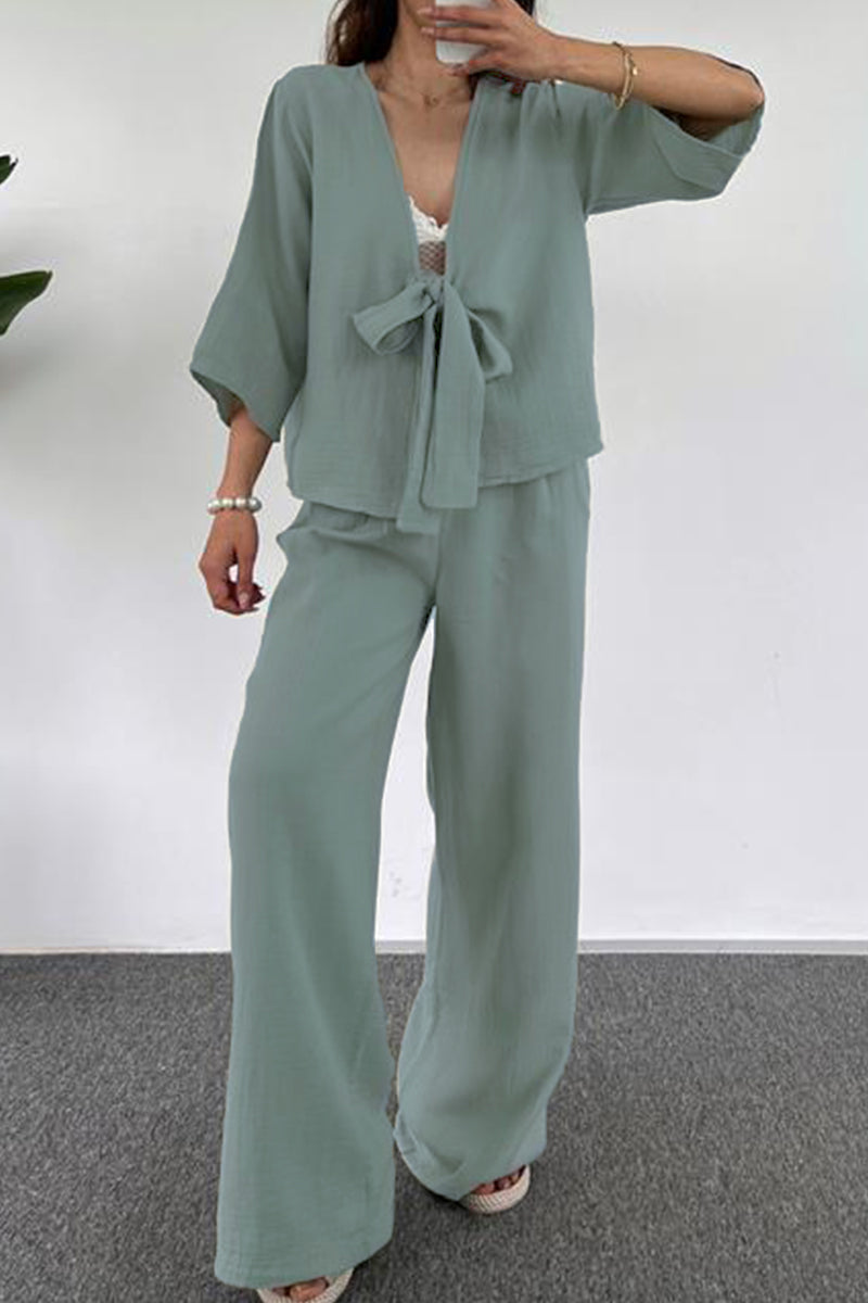 Kaynafashions - Casual Simplicity Solid Pocket V Neck Three Quarter Two Pieces(3 Colors)