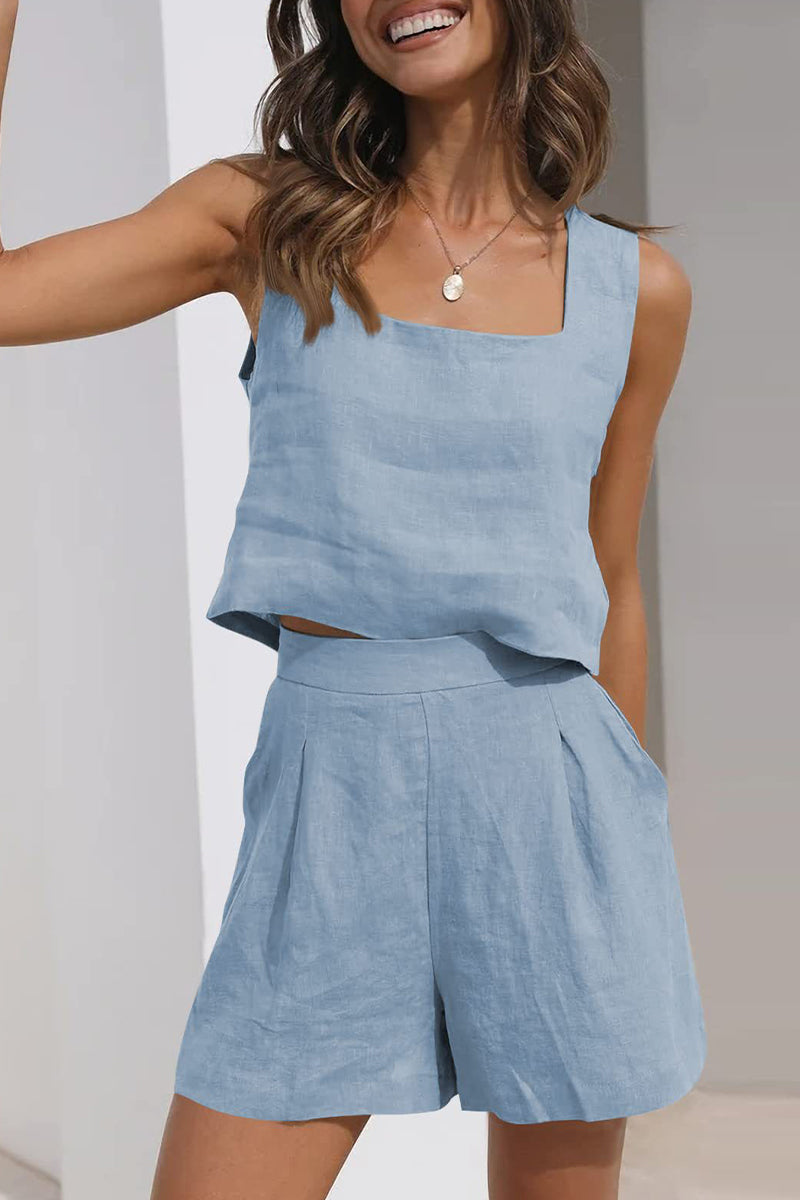 Kaynafashions - Casual Simplicity Solid Pocket Square Collar Sleeveless Two Pieces(16 Colors)