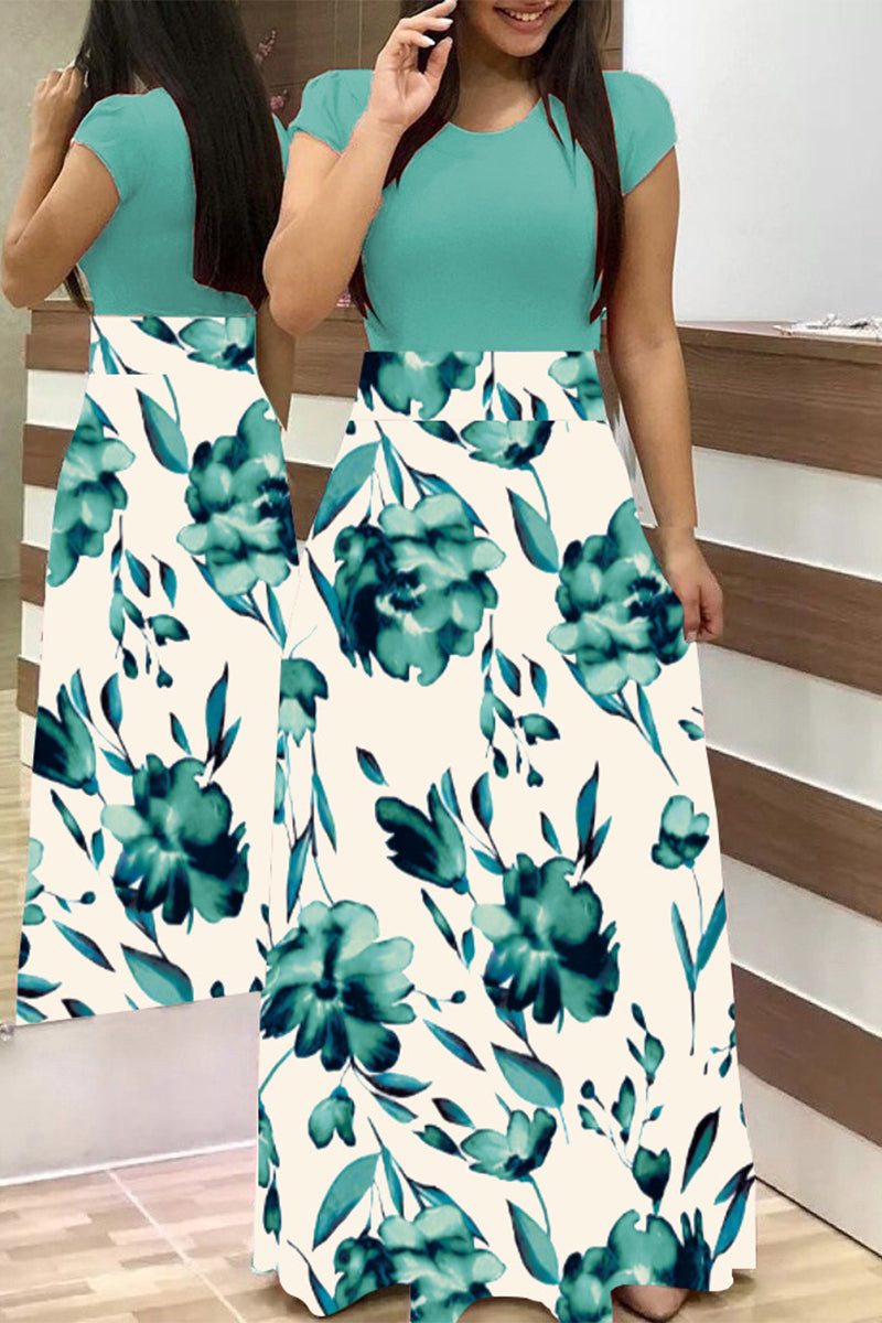 Kaynafashions - Casual Bohemian Print Solid Patchwork O Neck Short Sleeve Dress Dresses(12 Colors)