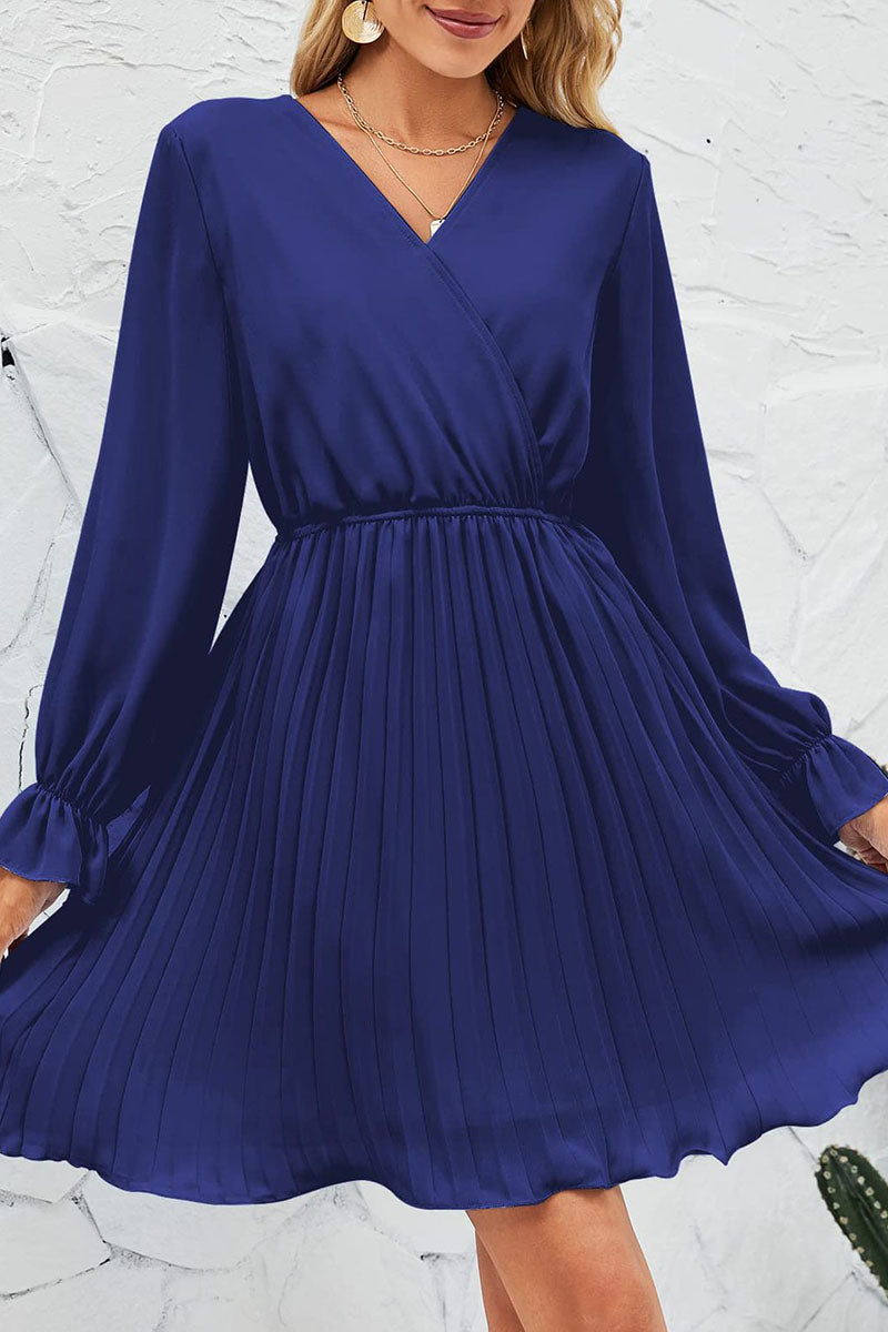 Kaynafashions - Sweet Patchwork Frenulum Fold V Neck Pleated Dresses(5 Colors)