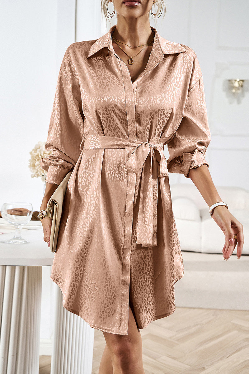 Kaynafashions - Casual Leopard Frenulum Turndown Collar Shirt Dress Dresses