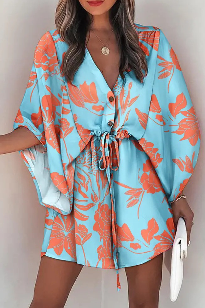 Kaynafashions - Casual Print Patchwork V Neck Waist Skirt Dresses(8 colors)