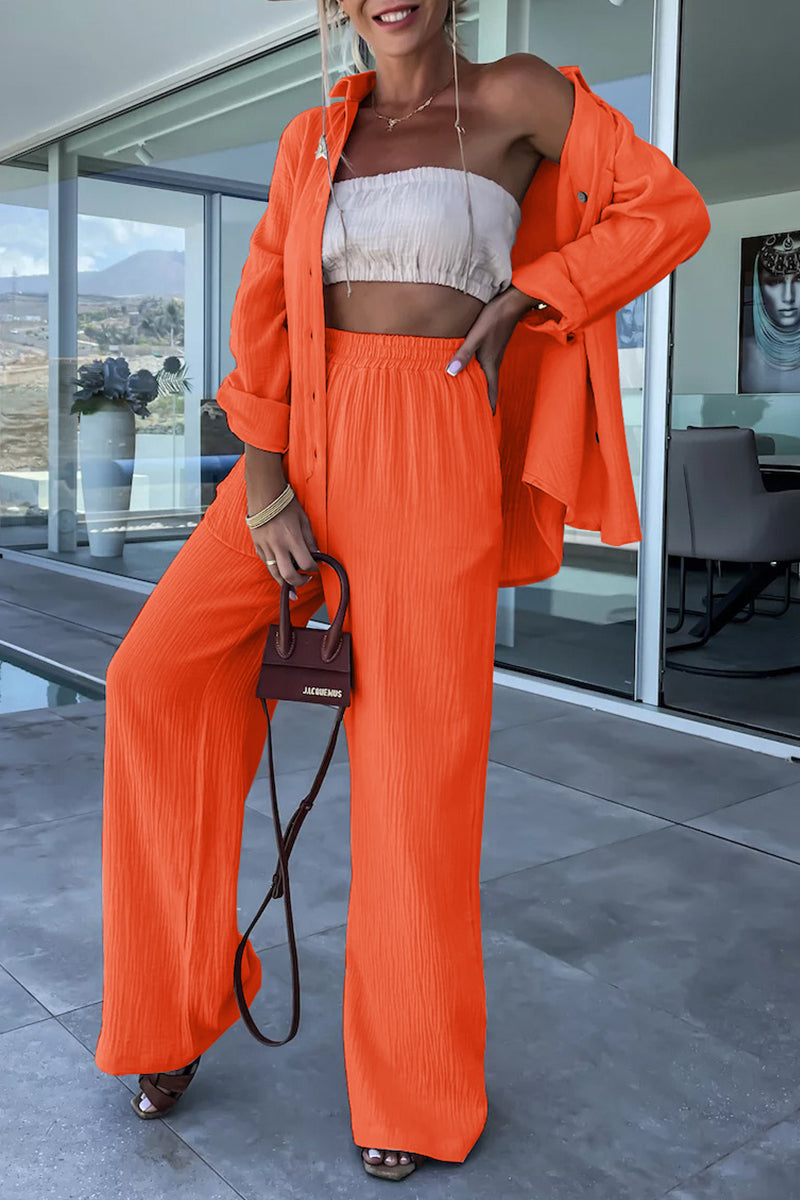 Kaynafashions - Casual Simplicity Solid Fold Turndown Collar Long Sleeve Two Pieces