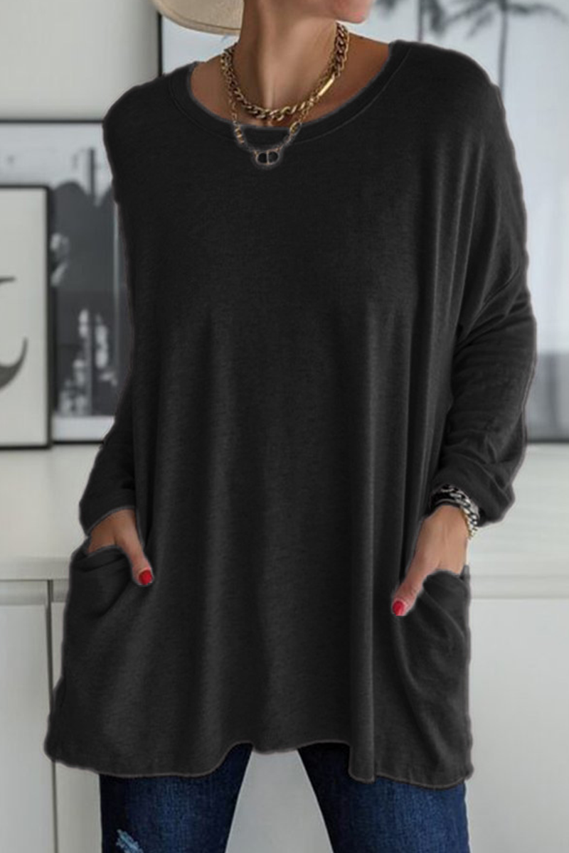 Kaynafashions - Casual Solid Patchwork Pocket O Neck Tops