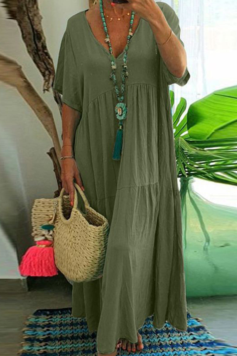 Kaynafashions - Plus Size Casual College Solid Asymmetrical V Neck Short Sleeve Dress(4 Colors)