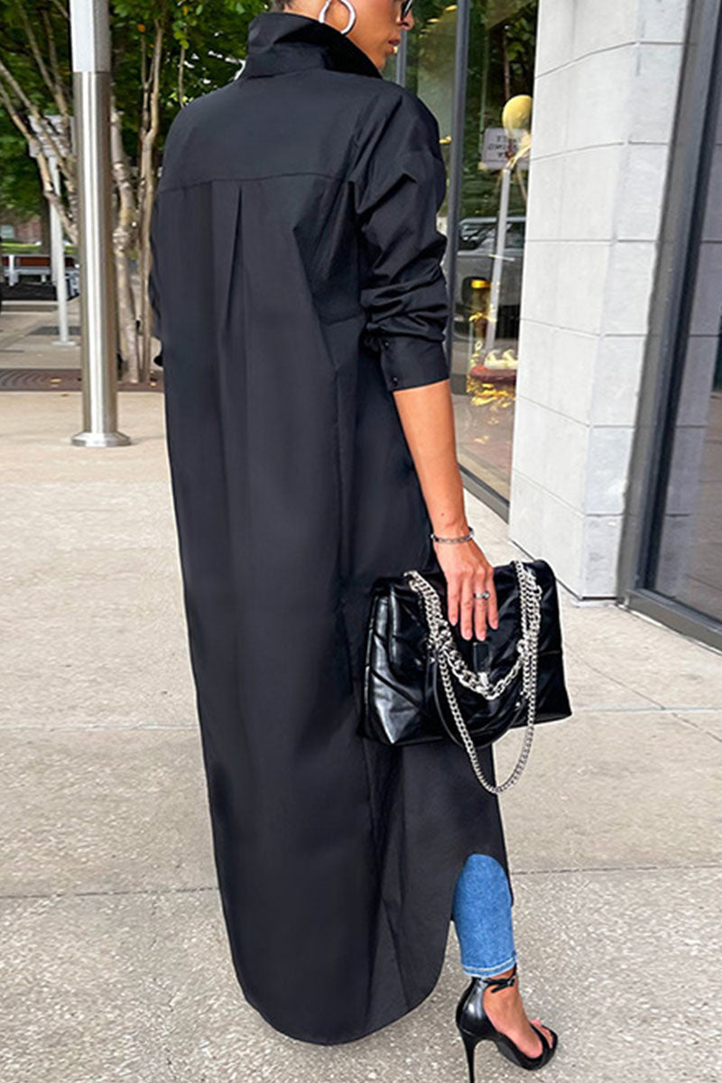 Kaynafashions - Casual Solid Patchwork Buckle Turndown Collar Tops