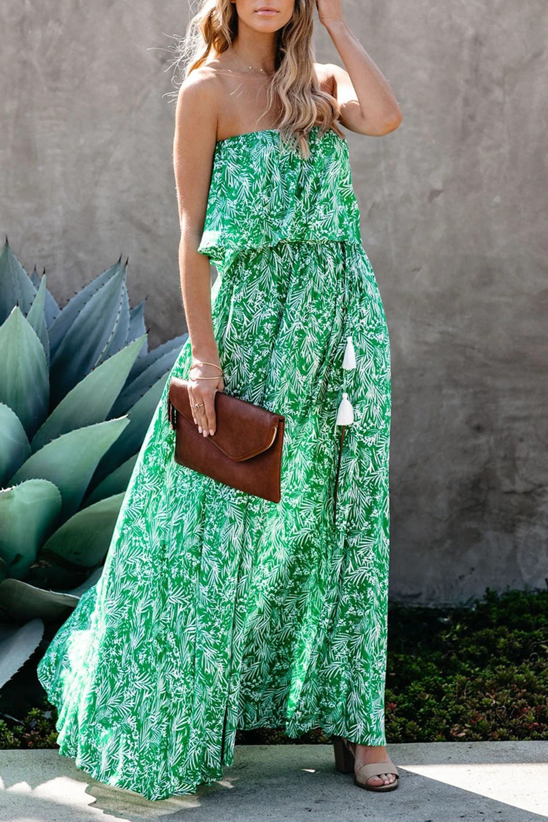 Kaynafashions - Casual Print Slit Strapless Waist Skirt Dresses