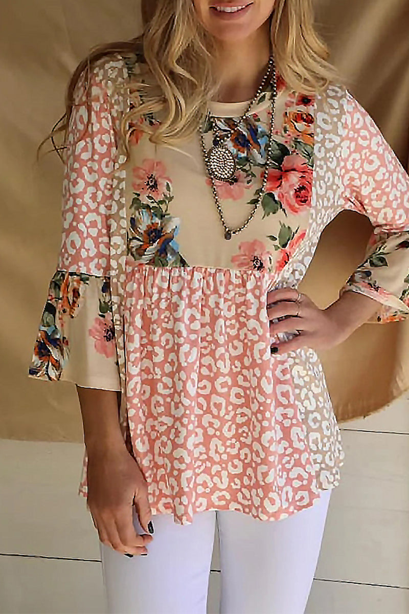 Kaynafashions - Fashion Print Patchwork Contrast O Neck Tops