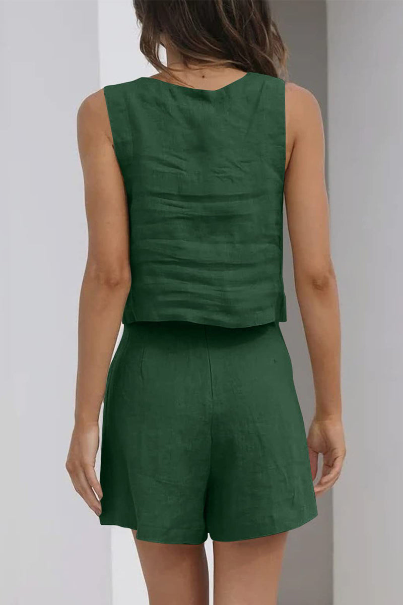 Kaynafashions - Casual Simplicity Solid Pocket Square Collar Sleeveless Two Pieces(16 Colors)