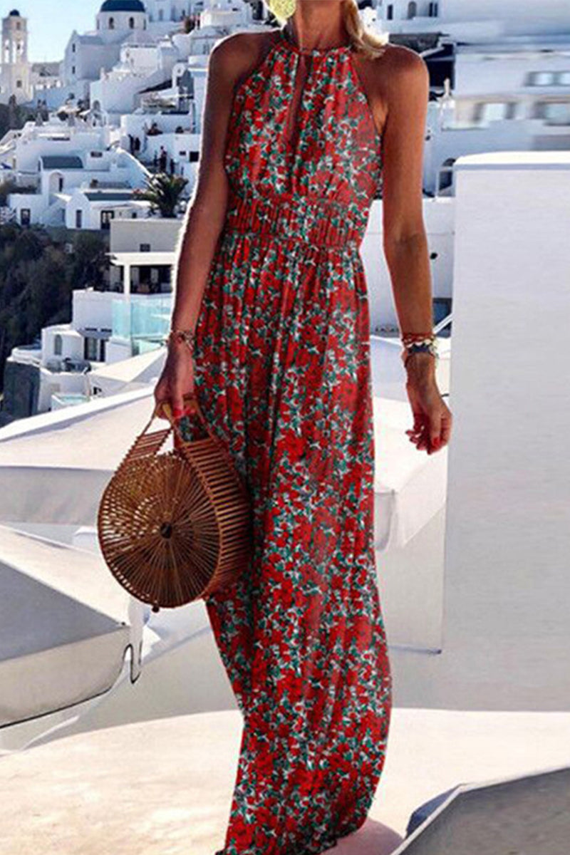 Kaynafashions - Street Geometric Print Printing Halter A Line Dresses(4 Colors)