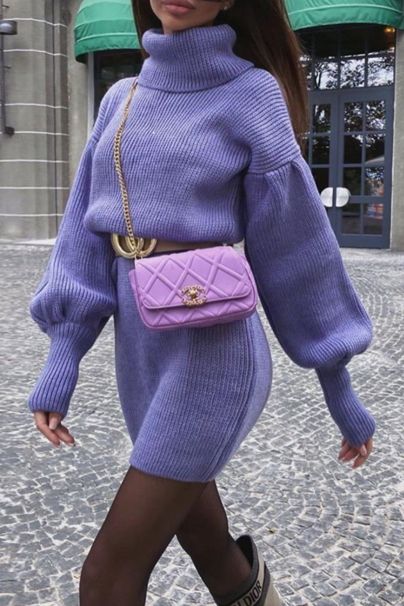 Kaynafashions - Casual Simplicity Solid Patchwork Turtleneck Long Sleeve Dresses