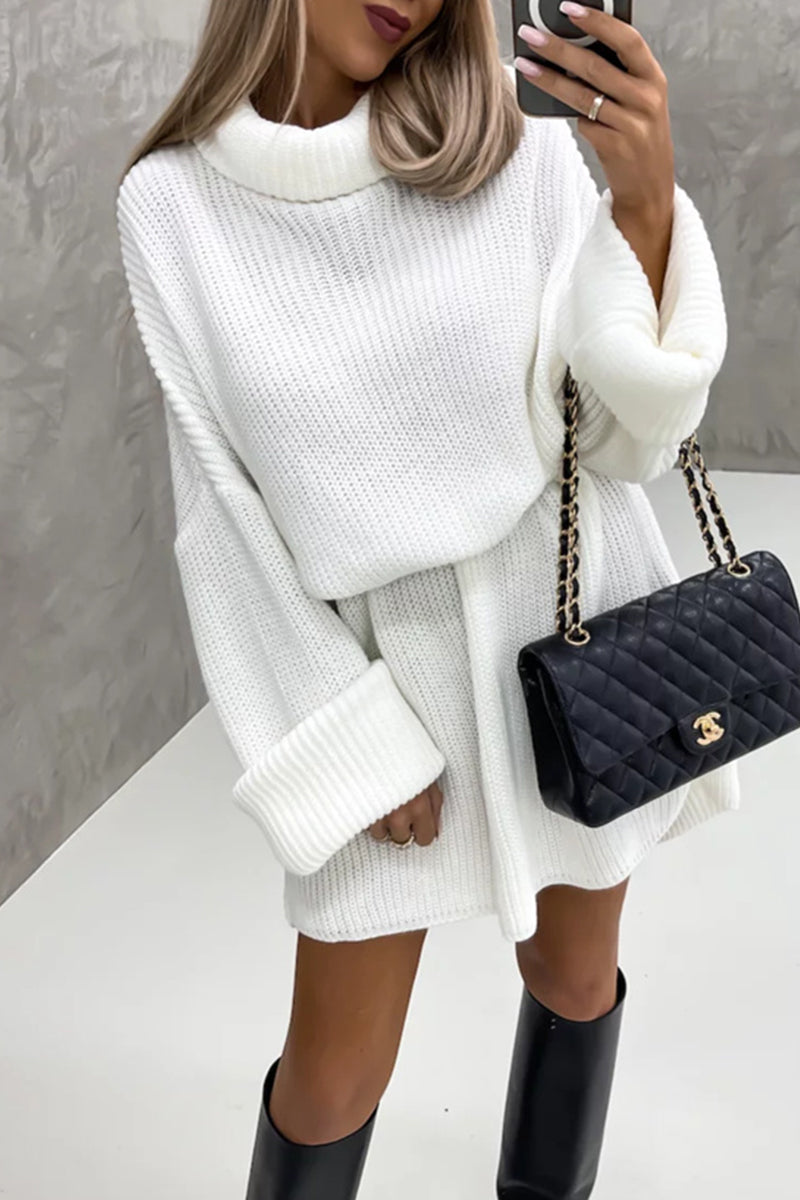 Kaynafashions - Elegant Solid Patchwork Turtleneck One Step Skirt Dresses