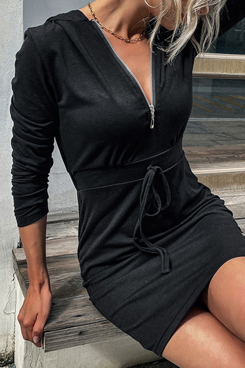 Kaynafashions - Casual Solid Draw String Zipper Collar Pencil Skirt Dresses(11 colors)