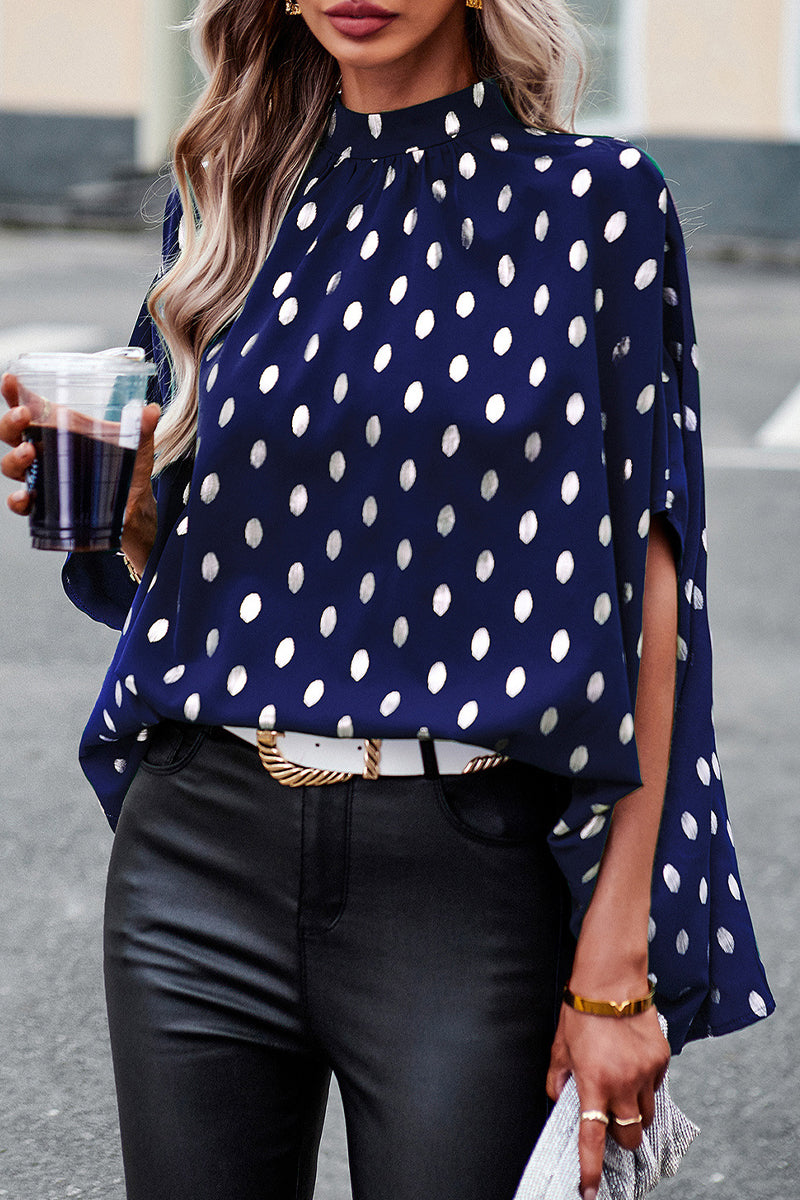 Kaynafashions - British Style Elegant Polka Dot Bandage Mandarin Collar Tops